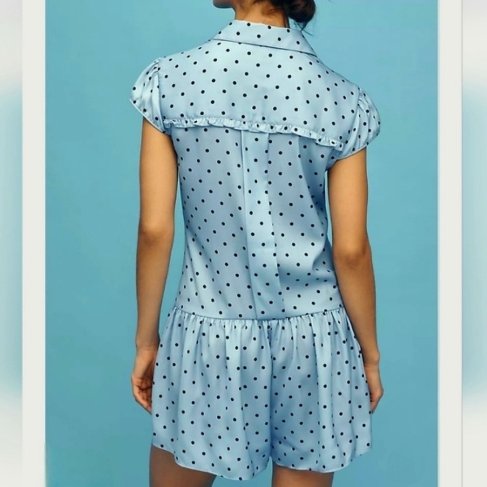 Anthropologie Maeve Cap Sleeve Button Front polka dot Romper Blue Motif Sz M NWT - Picture 4 of 5